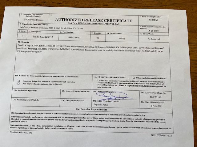 King KS 271A Primary ROLL Servo. Form 8130, Used.