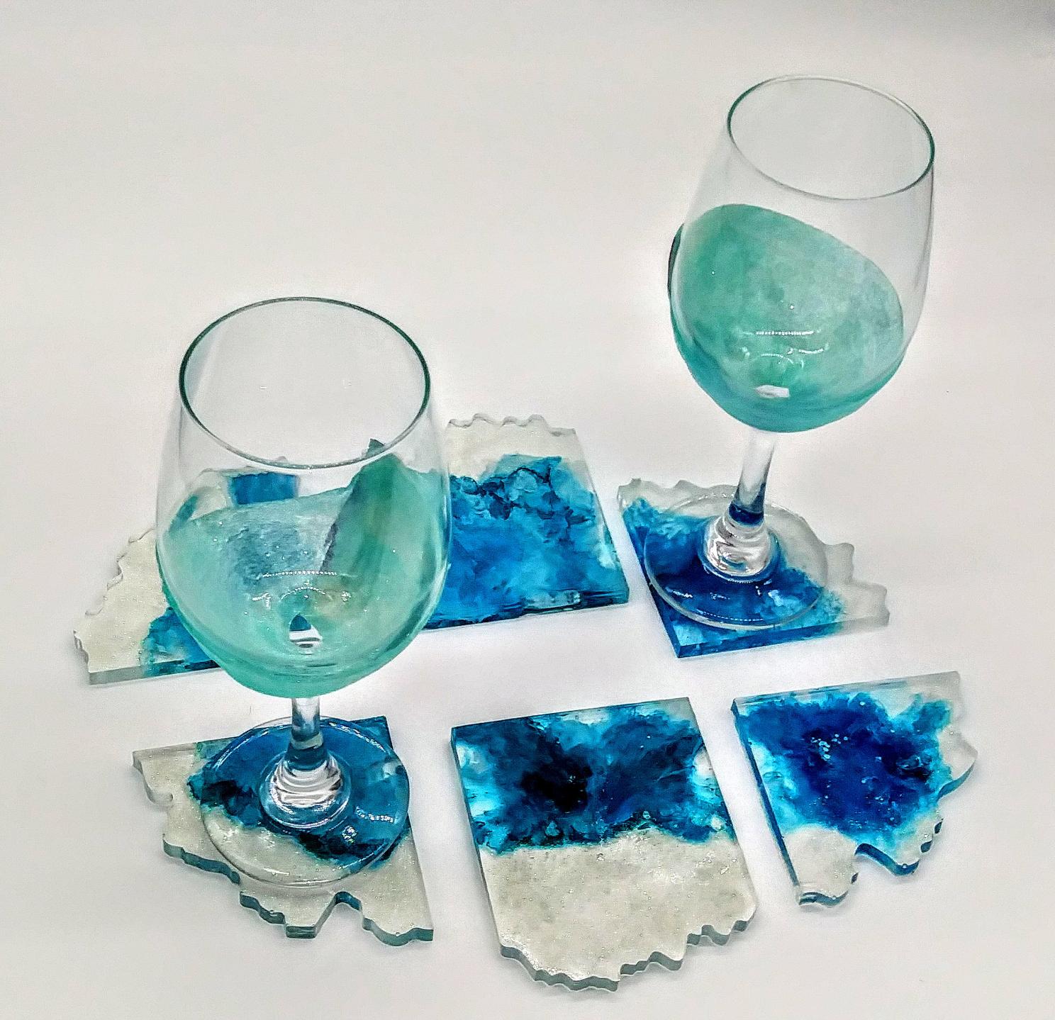 Set of 6 blue and glitter coasters