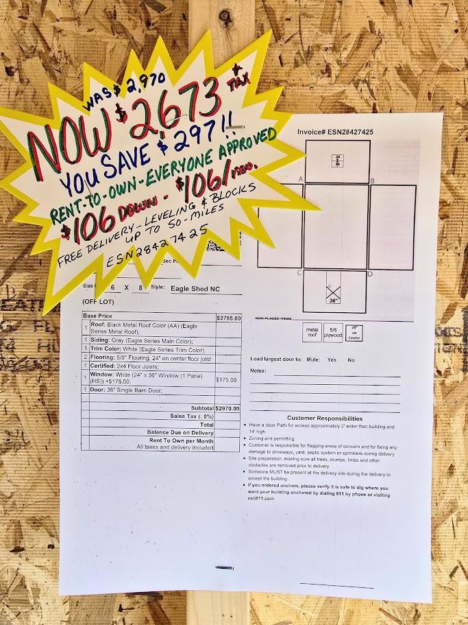 $297 OFF! - $106 DOWN & $106/MO - NO CREDIT CHECK - 6x8 SHED - $2,673 - FREE DELIVERY & BLOCKS (50 miles)