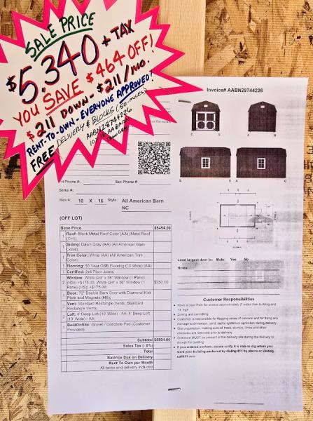 🔥SAVE $464 10x16 LOFTED BARN - $5,340 or $211 DOWN & $211/MO - NO CREDIT CHECK  - FREE DELIVERY & BLOCKS (50 miles)