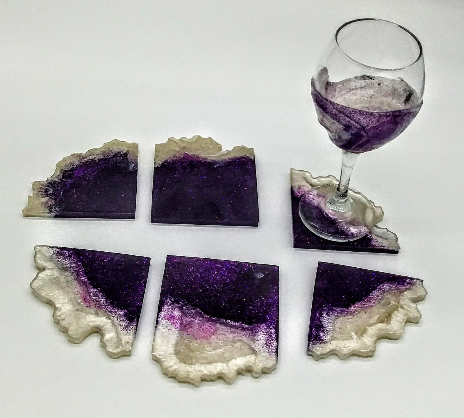 Purple and white glitter coaster set
