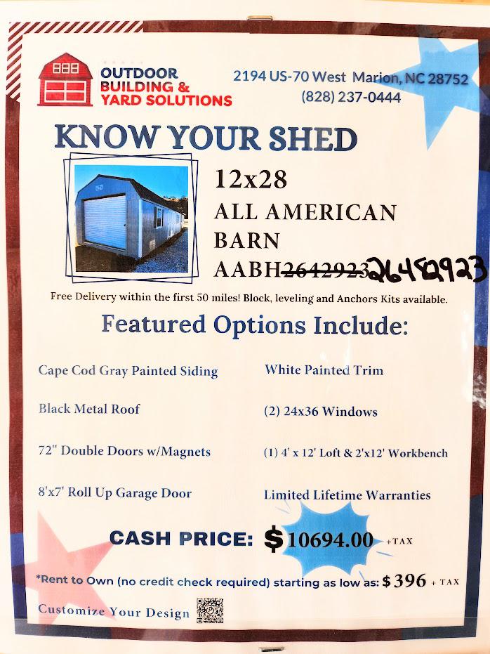 10% or $1,069 OFF -12x28 LOFTED GARAGE - SHELVES -ONLY $9,625 or $376 + tax /MO