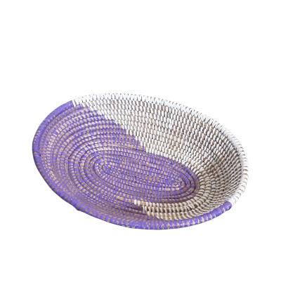 Purple and White Traditional Decorative Storage, Versatile Senegalese Handcrafted Oval Basket.