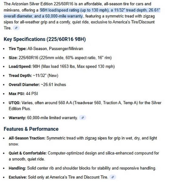 225/60R16 Arizonian Silver Edition All Season Tires Set of 4