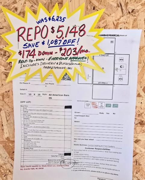 REPO - SAVE $1,087! 10x16 BARN W/ELECT. - $5,145 - $174 DOWN & $203/MO - NO CREDIT CHECK - FREE DELIVERY!