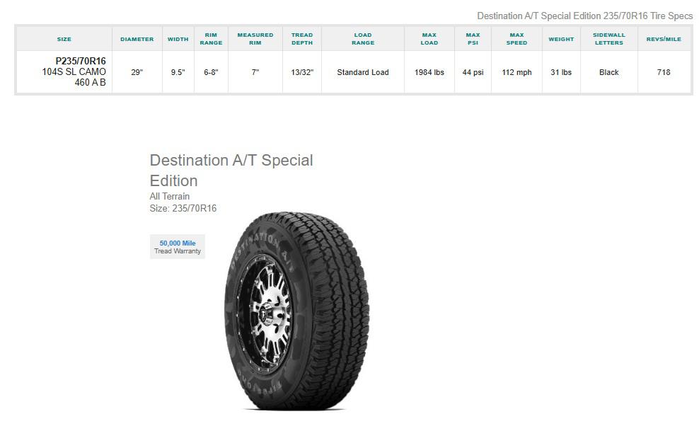 235/70R16 Firestone Destination A/T Tires Set of 4
