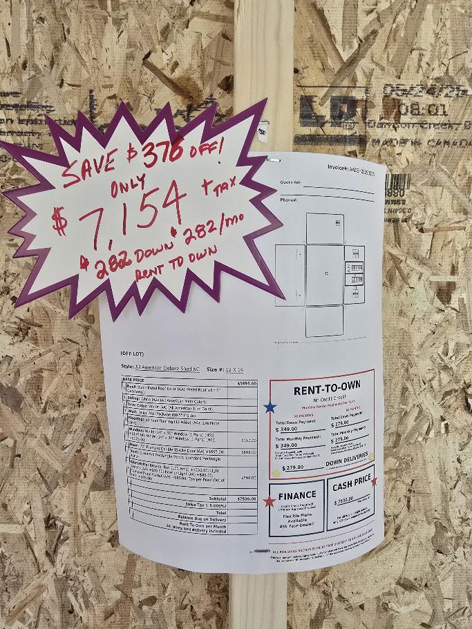 12x16 DELUXE SHED w/100 amp ELECTRICAL - $7,154 + tax OR $282 DOWN & $282/MONTH - NO CREDIT CHECK - EVERYONE APPROVED!!