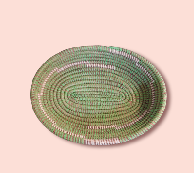 Green and White Traditional Decorative Storage, Versatile Senegalese Handcrafted Oval Basket.