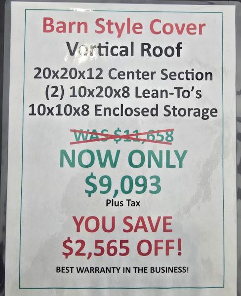 🔥SAVE $2,565 OFF - 40x20x12/8 BARN STYLE COVER w/STORAGE - ONLY $9,093 + TAX INSTALLED IN NC!