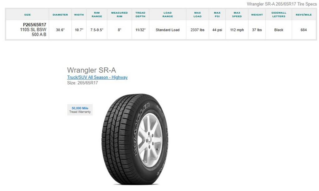 265/65R17 Goodyear Wrangler SR-A Tires Set of 4