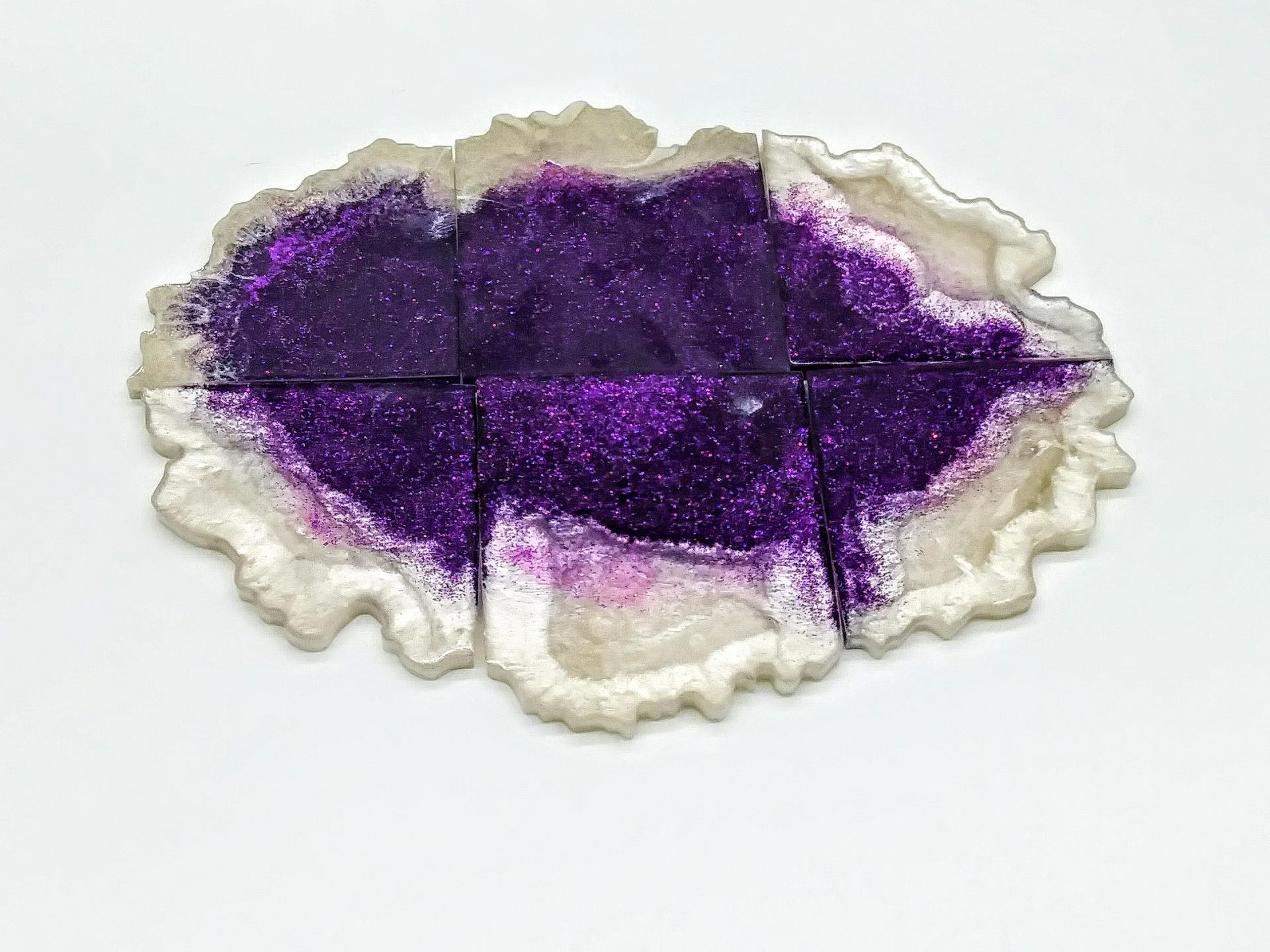 Purple and white glitter coaster set