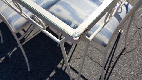 VINTAGE IRON GLASS TOP TABLE PATIO SET WITH CHAIRS