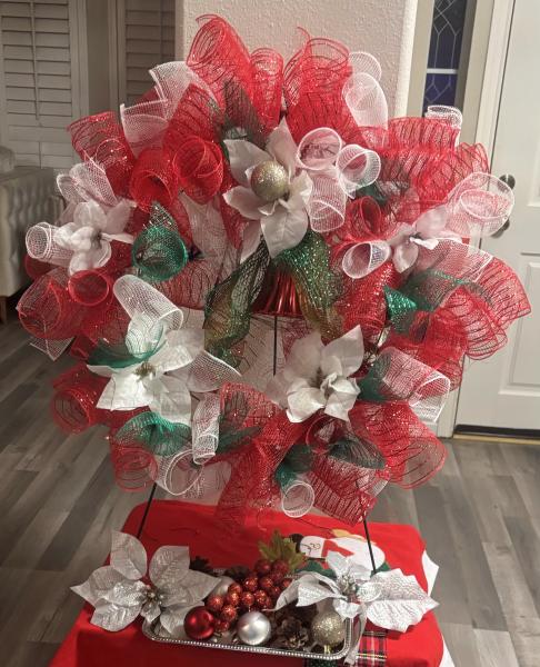 Luxury Red, White & Green Holiday Mesh Wreath with Poinsettias