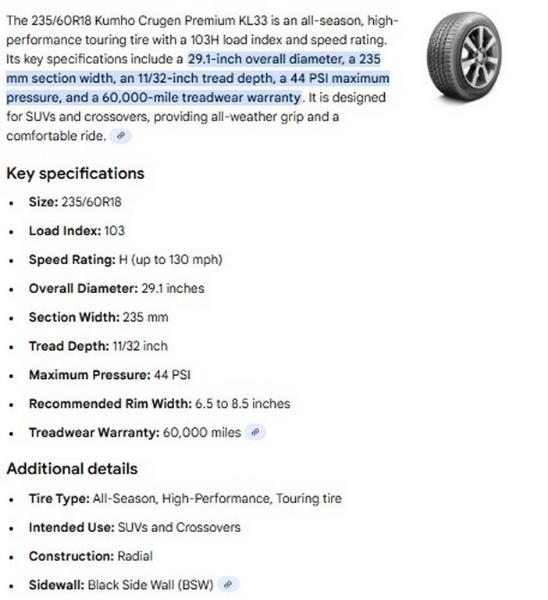 235/60R18 Kumho Crugen Premium Tires Set of 4