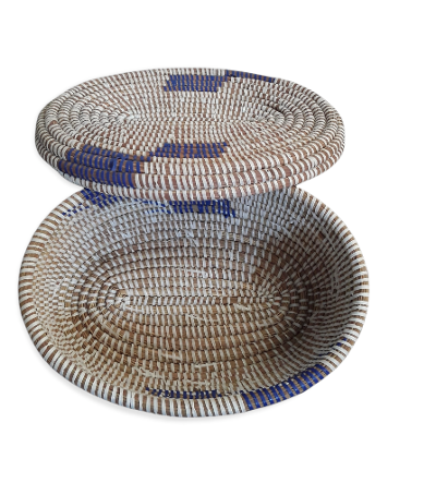 Versatile Oval Lidded Purple and White Senegalese Hand woven Basket, storage.