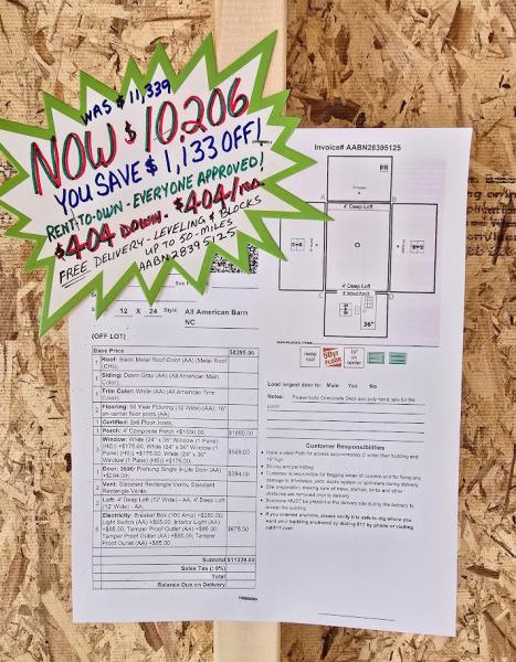 12x24 BARN W/TREX PORCH -  $10,206 or $404 Down & $404/Month  - NO CREDIT CHECK - FREE DELIVERY & BLOCKS (50 miles)