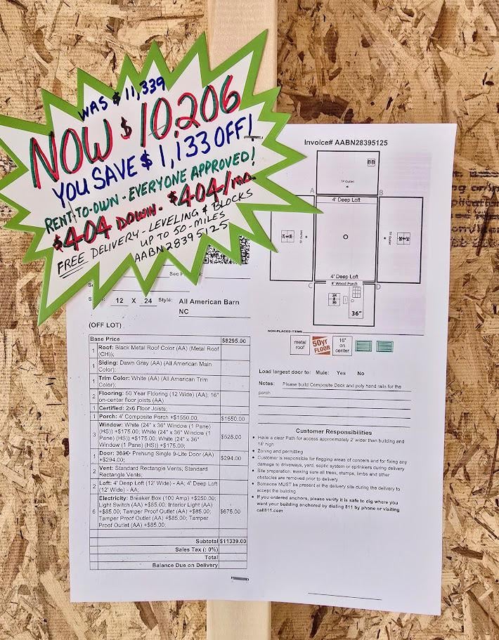 12x24 BARN W/TREX PORCH -  $10,206 or $404 Down & $404/Month  - NO CREDIT CHECK - FREE DELIVERY & BLOCKS (50 miles)