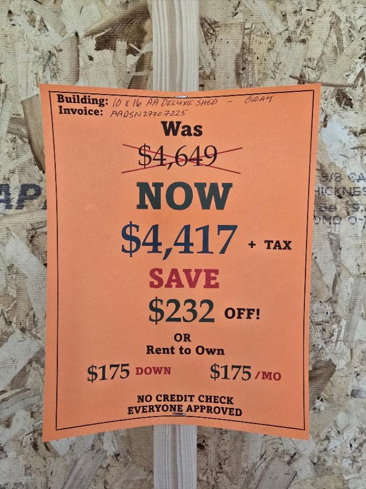 $232 OFF! 10x16 DELUXE TALL WALL SHED - $4,417 or $175 DOWN -$175/MONTH - NO CREDIT CHECK - EVERYONE APPROVED!!