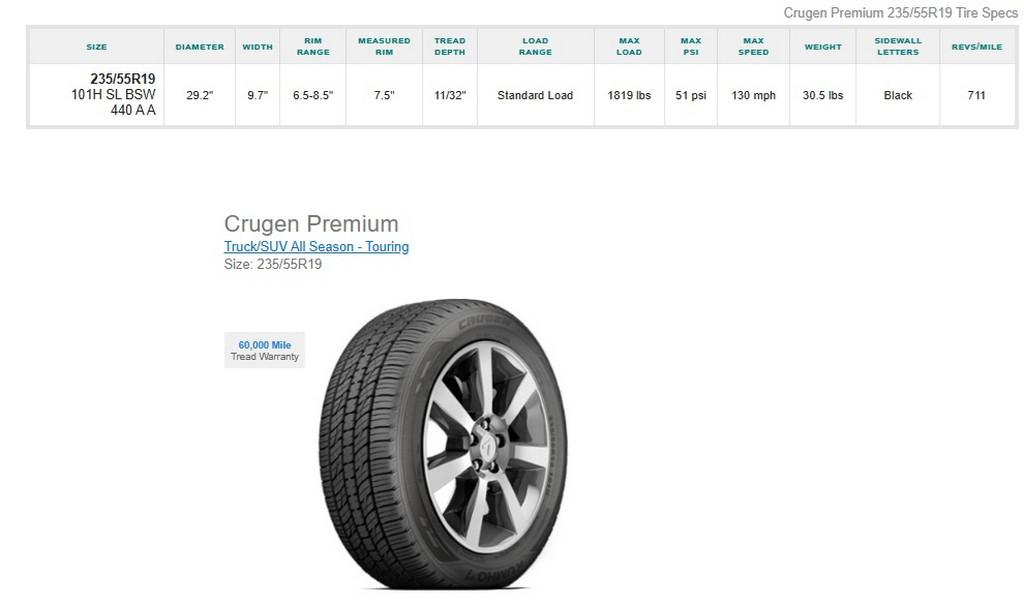 235/55R19 Kumho Crugen Premium Tires Set of 4