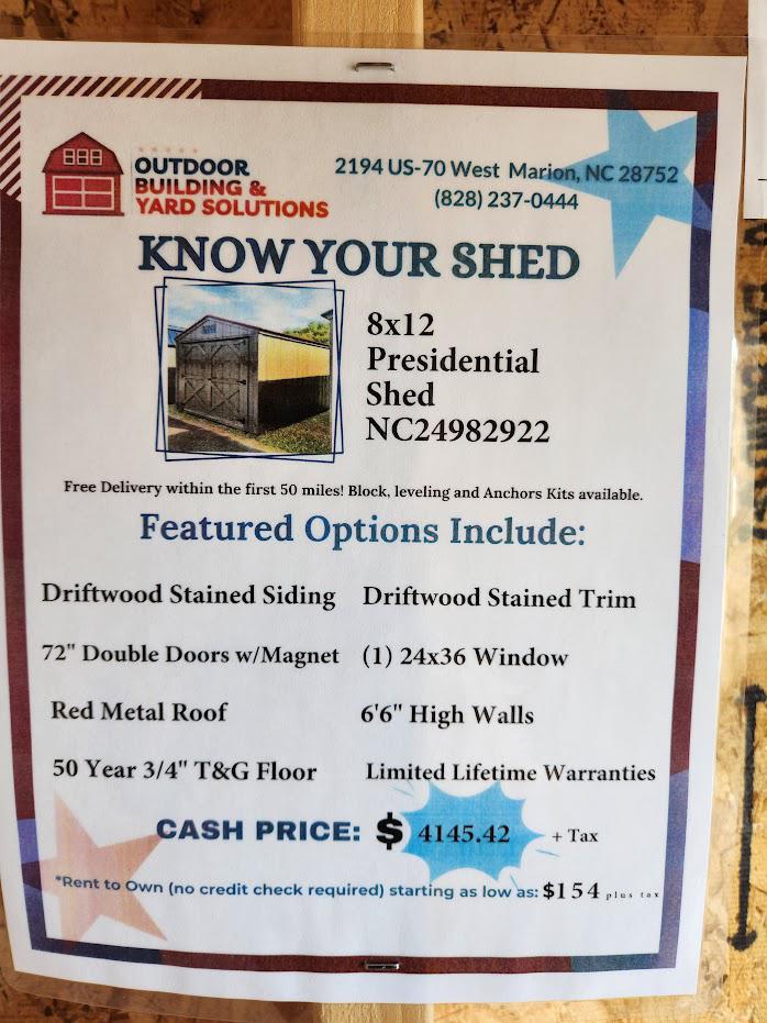 SAVE 20% or $829 OFF! 8x12 PRESIDENTIAL SHED - $200 Dn & $154/Mo