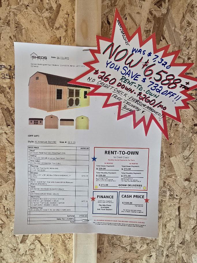 $732 OFF - 10x20 LOFTED BARN W/ELECRICAL. -$6,588 OR $260 DOWN & $260/MO - NO CREDIT CHECK - FREE DELIVERY & BLOCKS ( 50 miles )