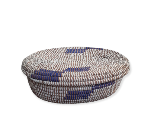 Versatile Oval Lidded Purple and White Senegalese Hand woven Basket, storage.