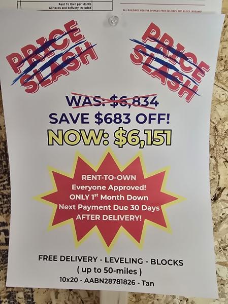 🔥10% OFF - SAVE $683 - 10x20 BARN  $6,151 or $243 DOWN & $243/MO -NO CREDIT CHECK -FREE DELIVERY & BLOCKS ( 50 miles )