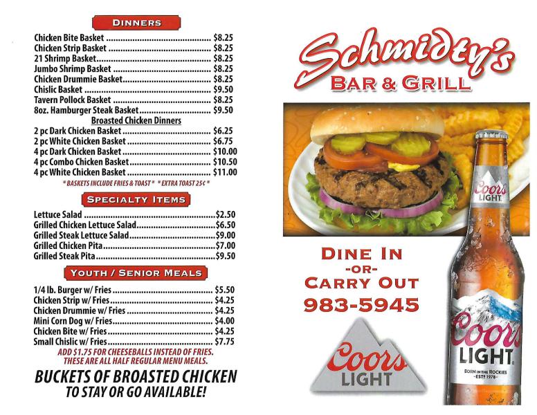 Schmidty's Bar & Grill and Kings Lanes / in Arlington SD / Menu