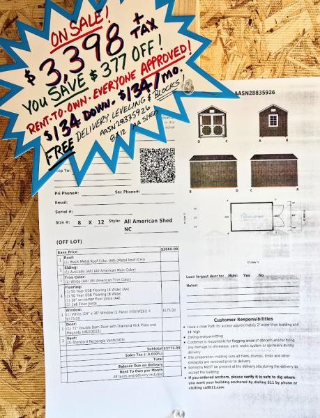 🔥10% OFF - SAVE $377 - 8x12 SHED- $3,398 - $134 DOWN & $134/MO - EVERYONE APPROVED - FREE DELIVERY & BLOCKS (50 miles)
