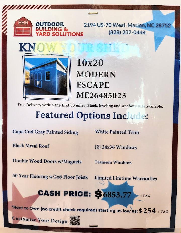 10% or $685 OFF - 10x20 Modern Escape - Only $6,168 or $254 / Mo + tax