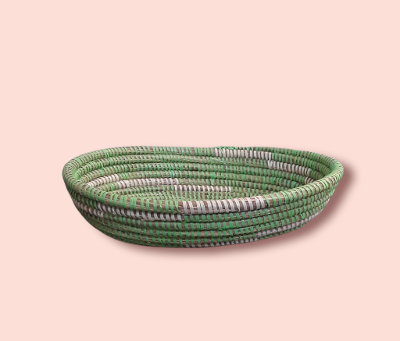 Green and White Traditional Decorative Storage, Versatile Senegalese Handcrafted Oval Basket.