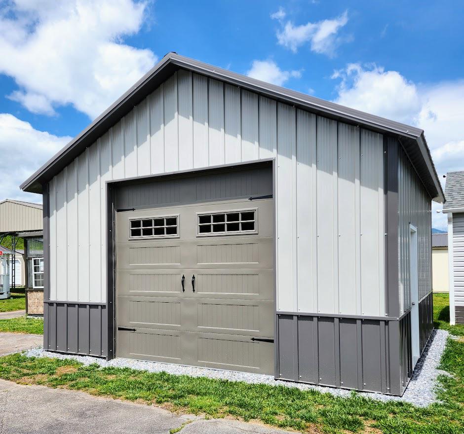 25% OFF! 20x20 PREMIER STEEL BUILDING - BOARD & BATTEN SIDING - 10X10 TRACK DOOR - DBL LEGS/RAFTERS