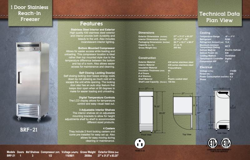 Bison Model BRR-21   One   Door Stainless Reach-In   Refrigerator