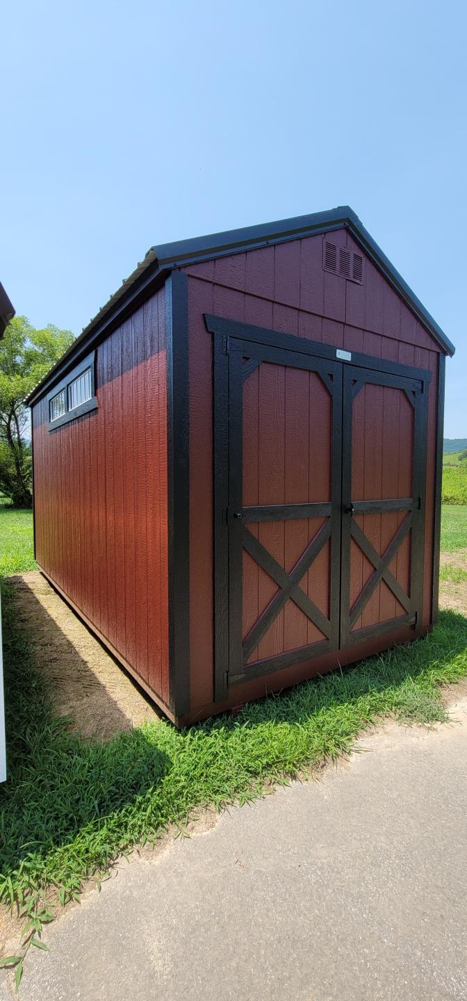 MARION #14602 - 8x16 Red w/Black Trim UTILITY SHED W/TRANSOM WINDOWS AND HIGH WALLS #14602