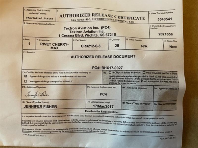 Cessna Cherry-Max Rivets.  PN CR3212-6-3.  New.