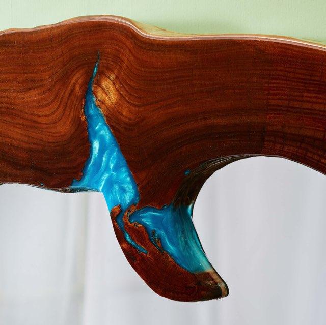 Oak and rainbow blue resin mirror