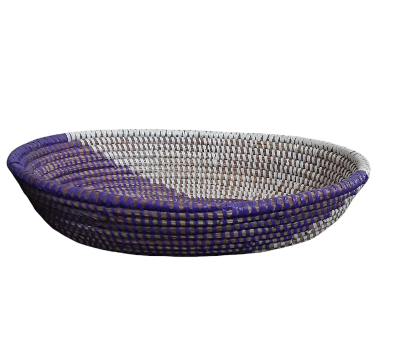 Purple and White Traditional Decorative Storage, Versatile Senegalese Handcrafted Oval Basket.