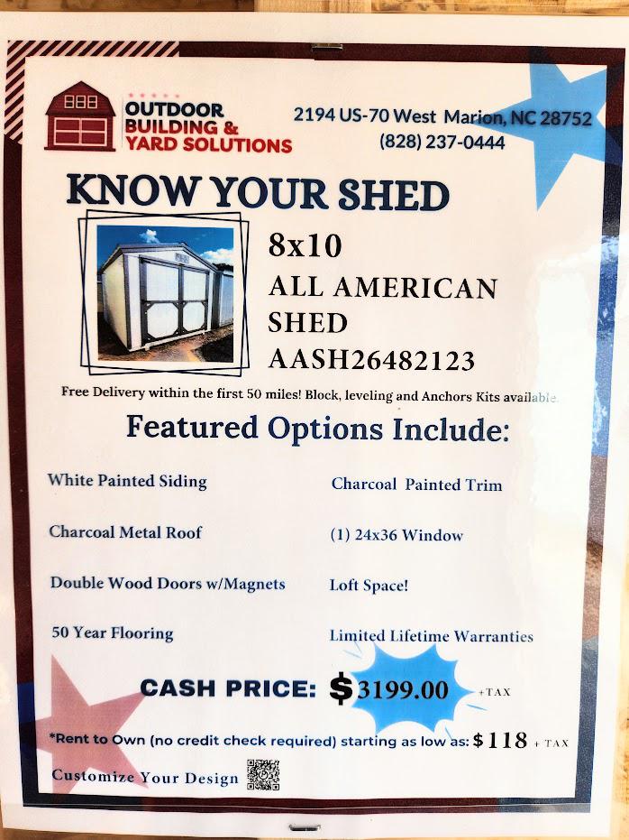 WOW! 10% or $319 OFF - 8x10 Storage Bldg. - ONLY $2,880 + tax or $200 DN -$118/MO + ta