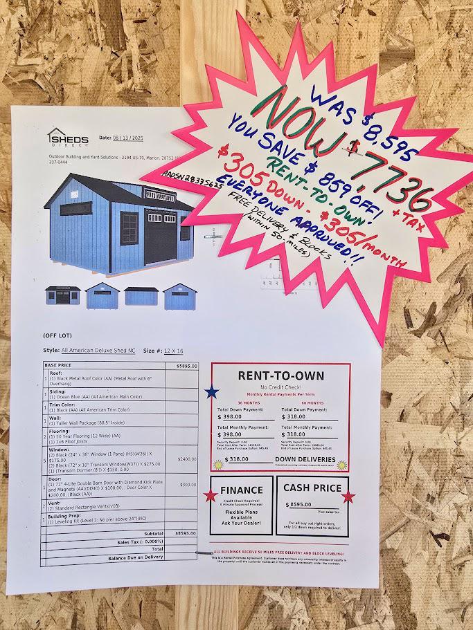 SAVE $859 OFF! $305 DOWN - $305/MO - $7,736 - 12X16 SHED W/DORMER - NO CREDIT CHECK - FREE DELIVERY & BLOCKS (50-MILES)