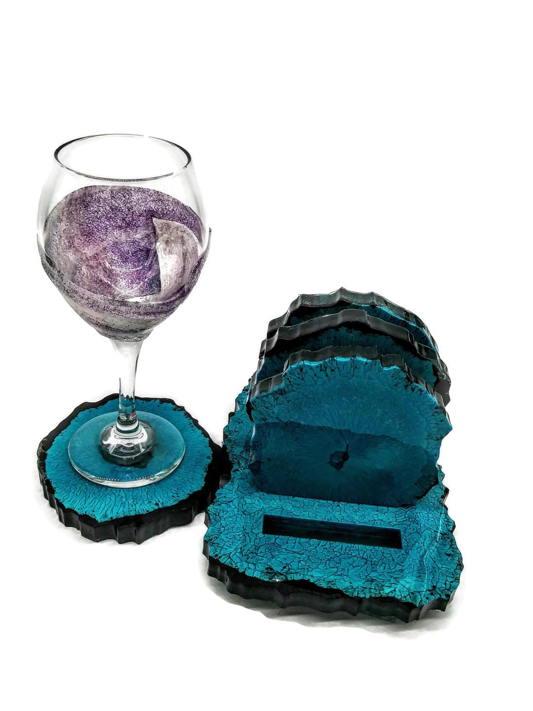 Geo Blue and Blach coaster set with holder