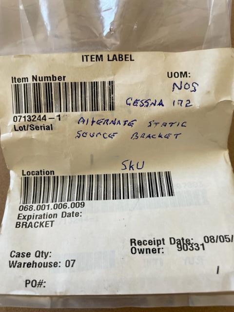 Cessna 172 Alternate Static Source Bracket. New Old Stock.