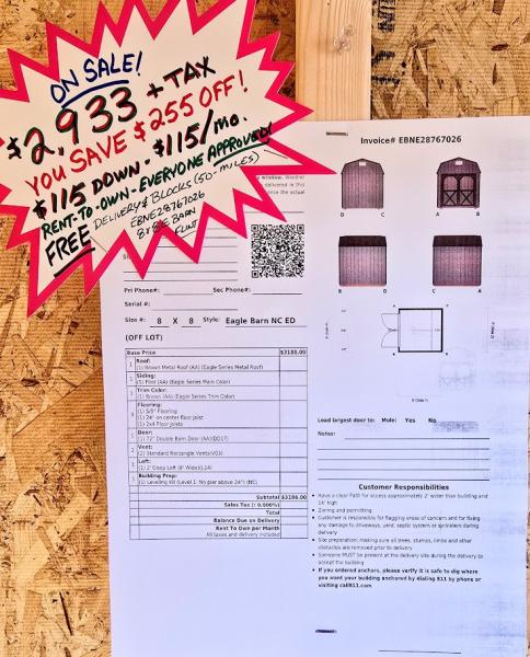 🔥SAVE $255 OFF - 8x8 BARN - $2,933 or $115 DOWN & $155/MO -NO CREDIT CHECK - FREE DELIVERY & BLOCKS ( 50 miles )