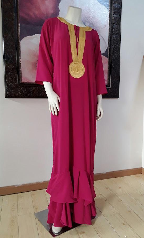 Fushia and Gold Long Sleeve Party Crepe Fabric Dress.