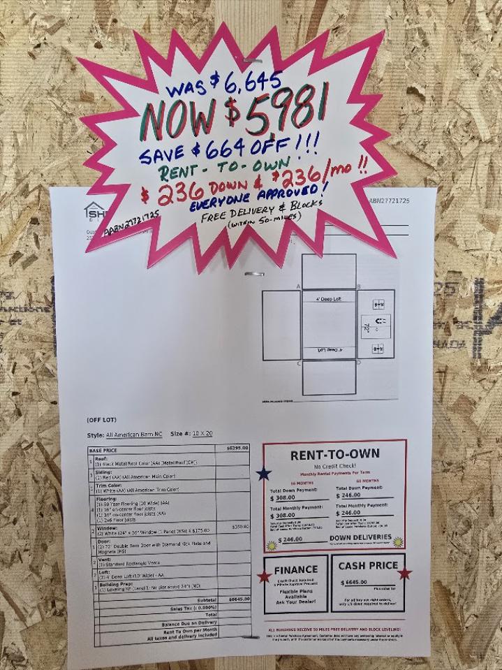 SAVE $664 OFF! - 10x20 LOFTED BARN! -$5,981 OR $236 DOWN & $236/MONTH - NO CREDIT CHECK - EVERYONE APPREOVED on RTO!