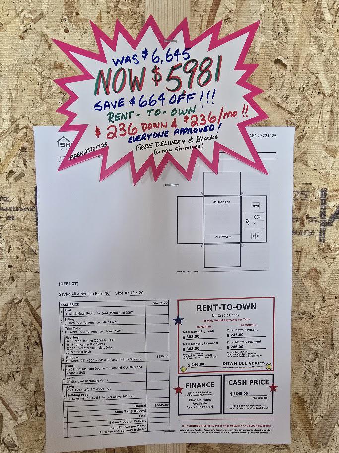 SAVE $664 OFF! - 10x20 LOFTED BARN! -$5,981 OR $236 DOWN & $236/MONTH - NO CREDIT CHECK - EVERYONE APPREOVED on RTO!