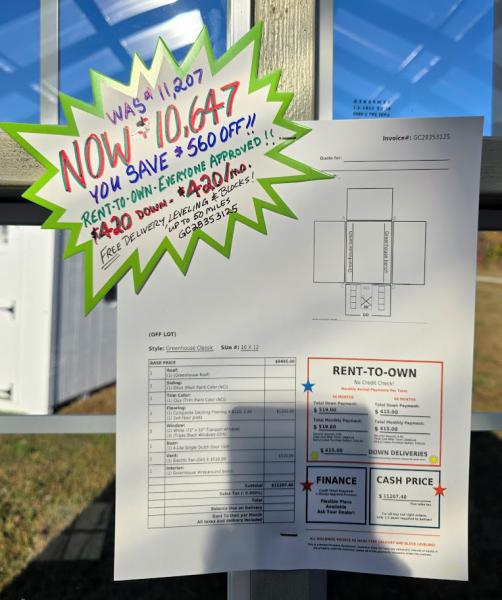 10x12 AMISH BUILT GREENHOUSE - $560 OFF! - $10,647 - $420 DOWN & $420/MO - NO CREDIT CHECK - FREE DELIVERY (within 50 miles)