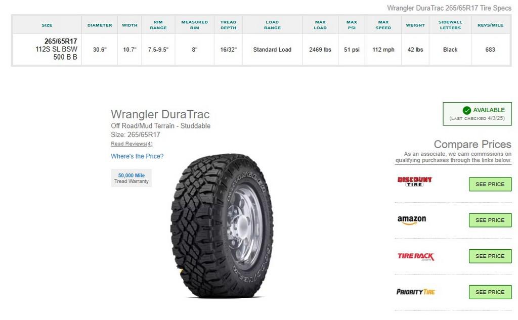 265/65R17 Goodyear Wrangler Duratrac Tires Set of 4