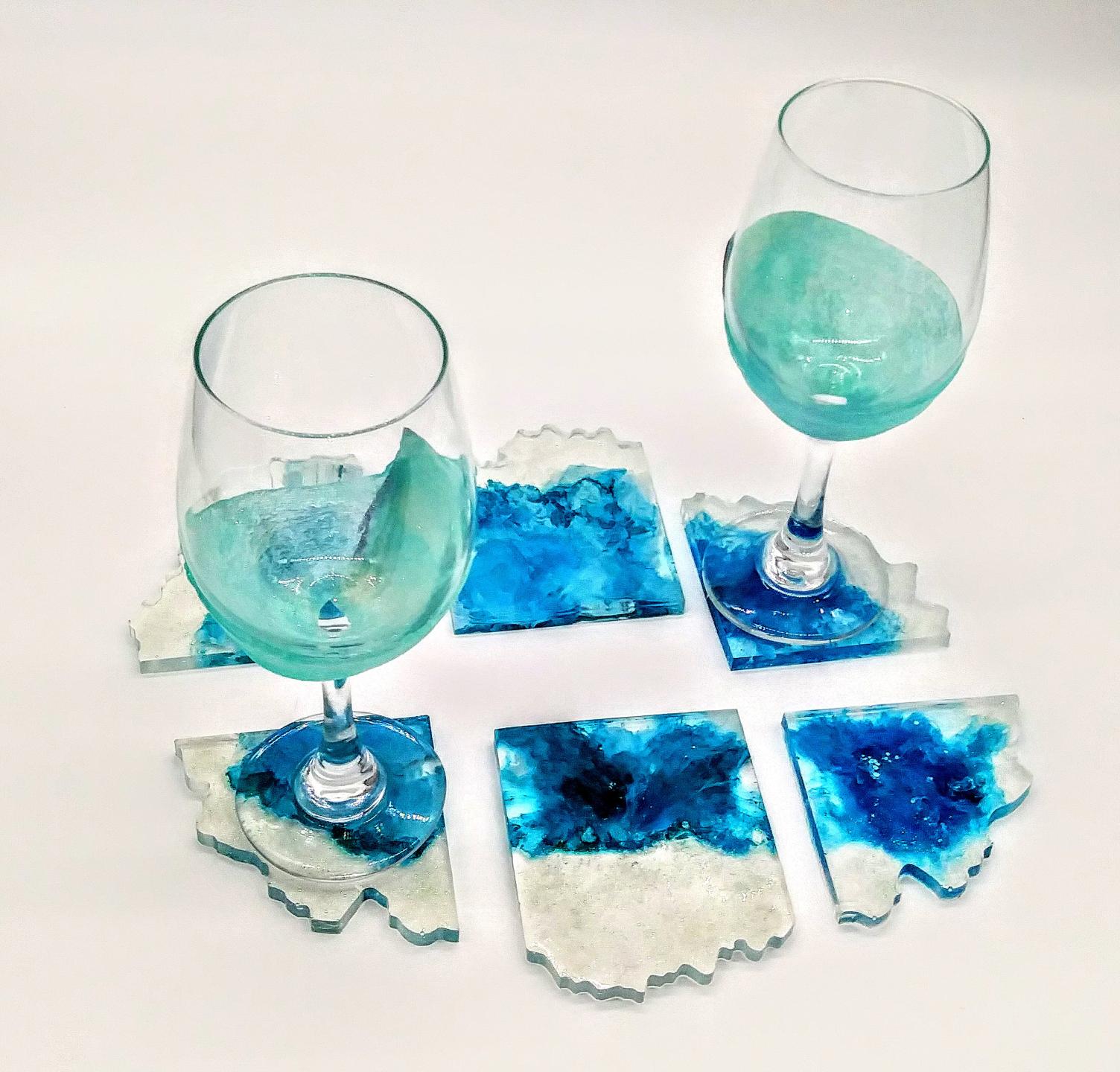 Set of 6 blue and glitter coasters