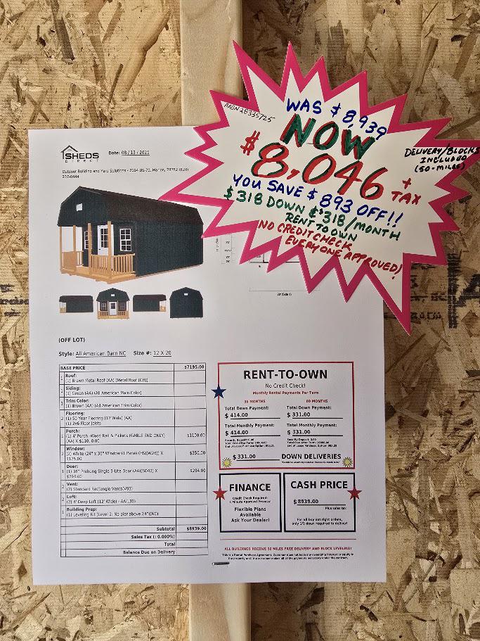 $318 Down & $318/Mo RTO! 12x20 LOFTED PORCH BARN - $893 OFF! ONLY $8,046+tax - NO CREDIT CHECK - EVERYONE APPROVED!