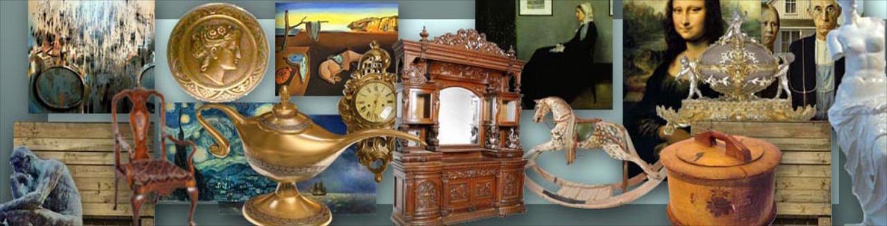 A collage of antique objects and paintings, showcasing a variety of historical artifacts and artworks